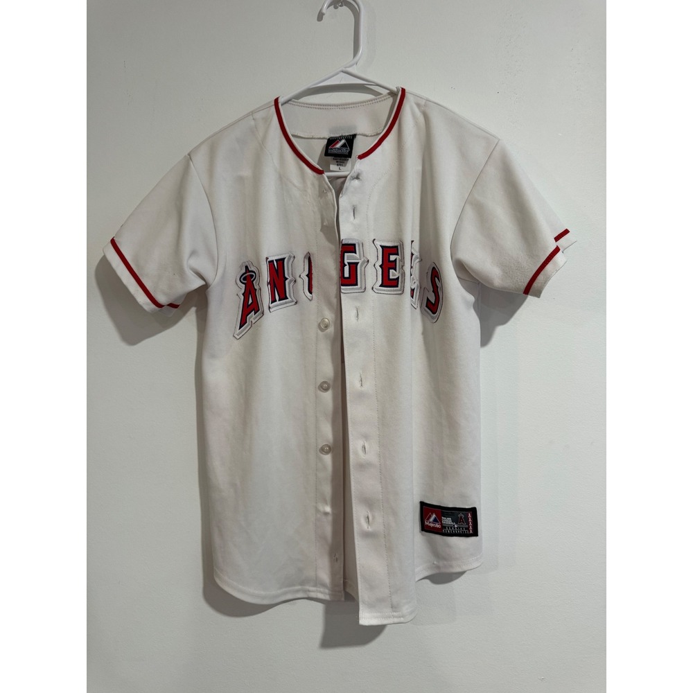 Majestic Los Angeles Angels Mike Trout Youth Large White Jersey Button Front